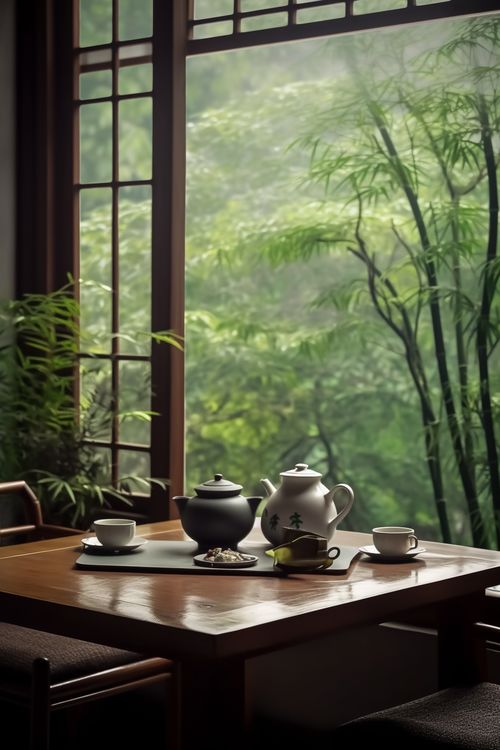 茶室绿植森系茶具 侘寂风 产品艺术场景 电商背景素材 AI原创数字艺术场景素材